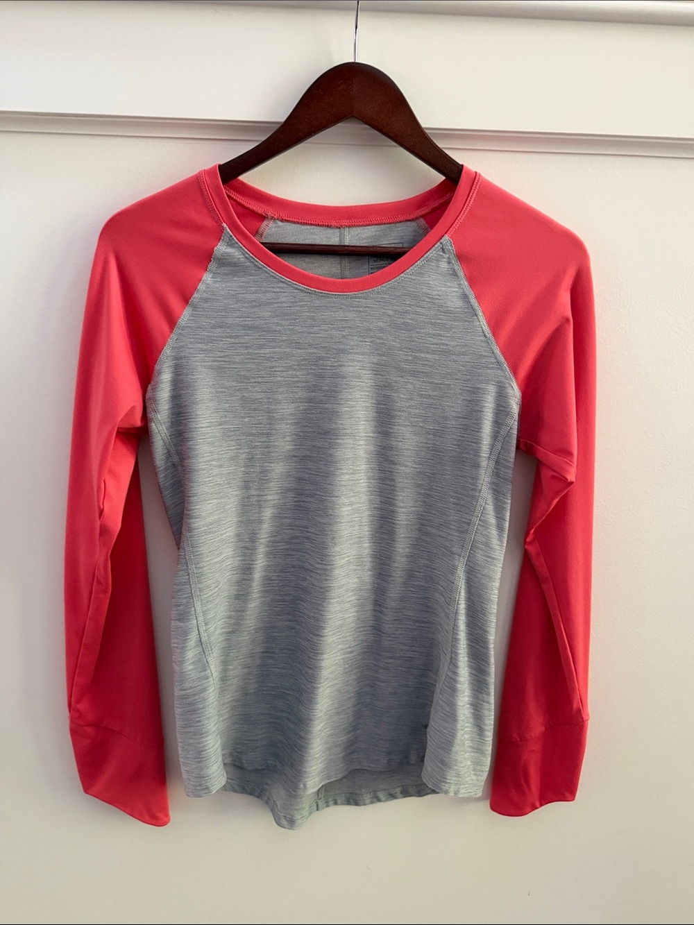 The North Face Heather Gray Raglan Long-Sleeve Tee with Coral Pink Sleeves
